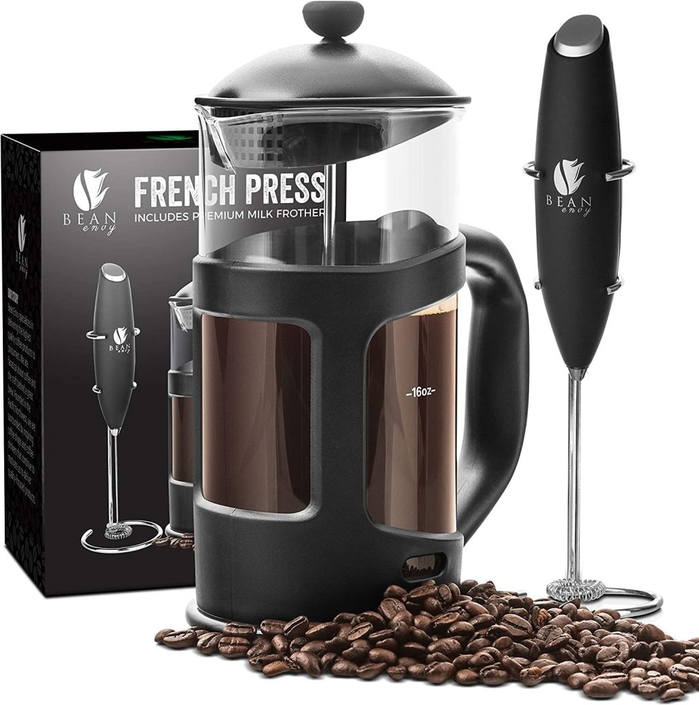 Bean Envy French Press Coffee Maker and Milk Frother Set with 4 level Filtration System